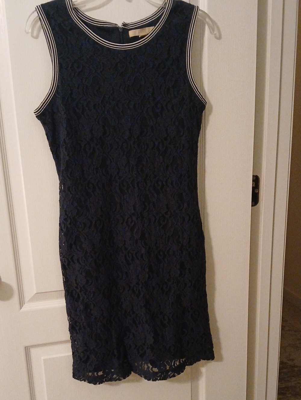 Navy Sleeveless Lace Shift Dress with Striped Trim